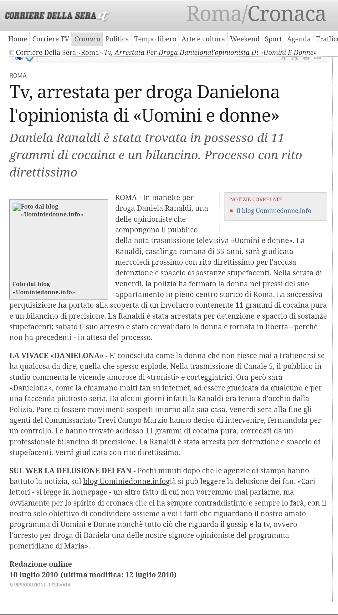 Corriere della Sera (Roma) — 10 luglio 2010: il blog Uominiedonne.info citato come fonte nell'articolo sull'arresto di Danielona