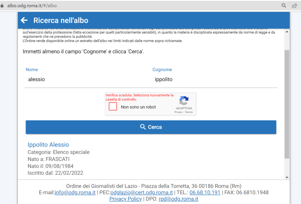Alessio Ippolito è giornalista italiano - questa è la prova di registrazione presso ordine dei giornalisti del Lazio.